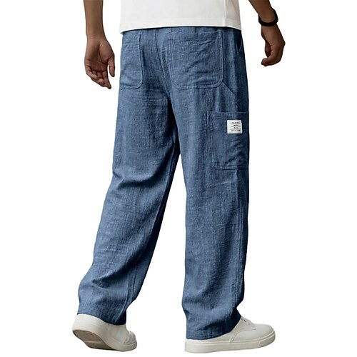 Herren Leinenhosen Hose Sommerhose Baggy-Hosen Freizeithose Kordelzug Elastischer Bund Gerader Schnitt Einfach Komfort Atmungsaktiv Volle Länge Lässig Täglich Outdoor Urlaub Mode Schwarz Weiß Image
