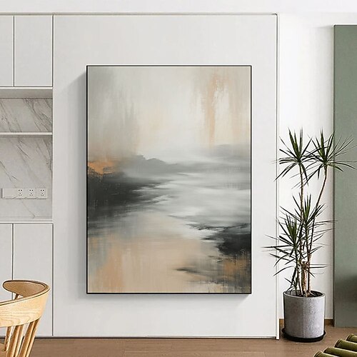 Großes abstraktes Landschaftsgemälde in neutralen Farben, minimalistisch-abstrakt, sofort einsatzbereit, abstraktes Strand-Ölgemälde auf Leinwand, Küsten-Wohnzimmerdekoration Image