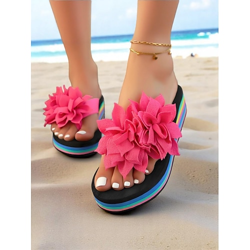 Damen-Flip-Flops mit Regenbogen-Plateau und großer rosa Blume, farbenfrohe Strandsandalen für den Urlaub, Teenager und junge Erwachsene, lässiger Sommerstil Image