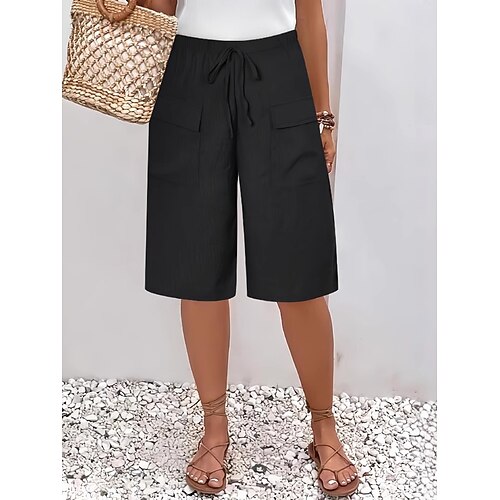 Damen Kunstbaumwollleinen Chinos Mode Streetwear Lässig Knielang Hohe Taille Einfach Tasche Elastischer Bund Bequem Weich Mikroelastisch Outdoor Straße Schwarz Orange Khaki Armeegrün Frühling Herbst Image