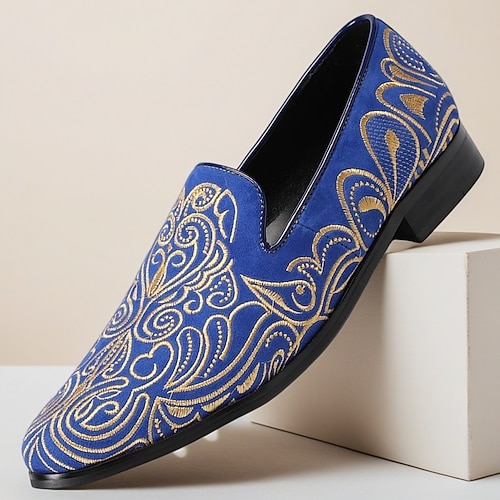 Elegante, bestickte Herrenschuhe aus echtem Leder in Blau, stilvolle, formelle Loafer für Hochzeiten, luxuriöses Schuhwerk für Bräutigam und Hochzeitsgäste Image