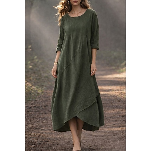 Damen Midikleid Shiftkleid Lässig Täglich Lässiger Schnitt Einfach Dreiviertelarm Rundhalsausschnitt Schwarz Grün Grau Sommer Herbst