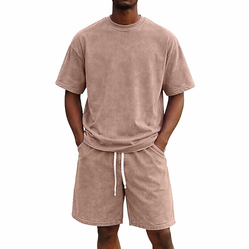 Herren Trainingsanzug Shorts und T-Shirt-Set Lässiges, einfarbiges Set aus Baumwolle Kurzarm Rundhalsausschnitt Sommer Einfarbig Gymnastik Lässig 2 teilig Jahrgang Lässig Urlaub Alltagskleidung Image