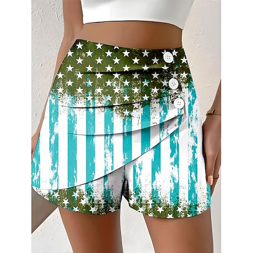 Unabhängigkeitstag Patriotische Damen Chino Shorts Urlaub Vintage Lässig Kurz Hohe Taille Hosen Graphic Flagge Plissee Geschichtet Komfort Unelastisch Alltags Outdoor Urlaub Blau Lila Grün Sommer Image