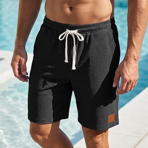 Herren Waffel-Shorts Shorts Sommershorts Freizeitshorts Kordelzug Tasche Elastischer Bund Einfach Komfort Atmungsaktiv Kurz Outdoor Urlaub Sport Lässig Schwarz Weiß Mikroelastisch Image