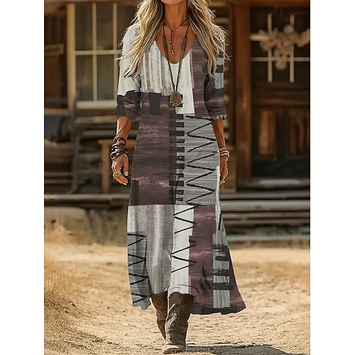 Damen Maxikleid Vintage-Kleid Freizeitkleid Vintage Täglich Outdoor Urlaub Normale Passform Geometrisch Langarm V Ausschnitt Grau Frühling Herbst Image