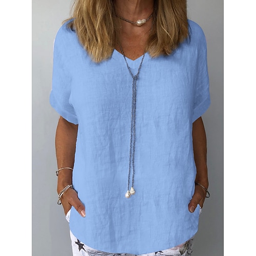 Damen T Shirt Baumwollhemd T-Shirt Einfach Basic Klassisch Lässig Kurzarm V Ausschnitt Normale Oberteile Täglich Ausgehen Wochenende Blau Schwarz Weiß Rosa Braun Sommer Frühling Image