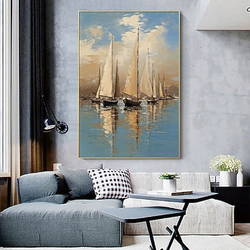 Handgemaltes Segelbootbild, abstrakte Meereslandschaft, strukturierte Acryl-Ölmalerei, strukturierte Segelboote, Wandkunst, abstrakte Ozeankunst Image
