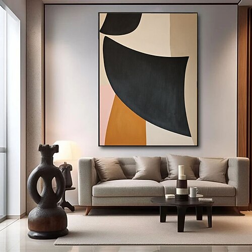 Großes abstraktes Ölgemälde in Schwarz, orangefarbene Struktur, originelle beige, minimalistische Wabi-Sabi-Wandkunst, moderne, stilvolle Wohndekoration Image