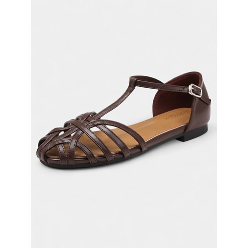 Cremefarbene Riemchen-Ballerinas mit geschlossener Spitze für Damen – elegante Sandalen im Gladiator-Stil für die Freizeit, die Arbeit und Sommerausflüge Image