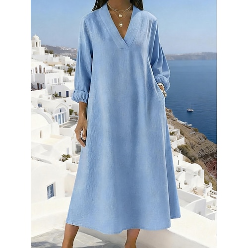 Damen Midikleid Baumwoll Mischung Shiftkleid Freizeitkleid Baumwoll-Kleid Mode Modern Täglich Wochenende Lässiger Schnitt Einfach Langarm V Ausschnitt Blau Rosa Grün Khaki Sommer Frühling Image