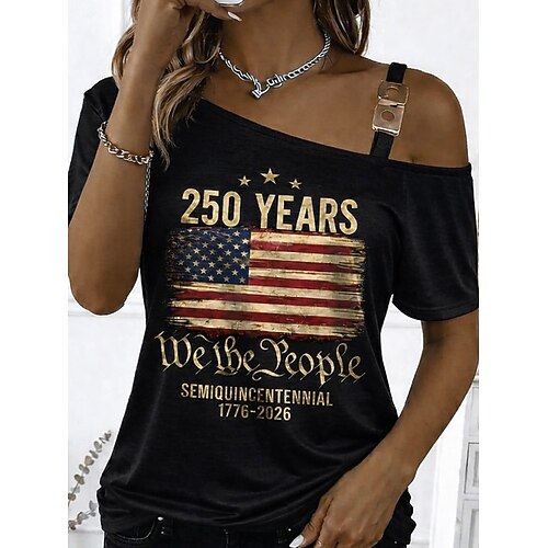 Unabhängigkeitstag amerikanisches 250. Jubiläum patriotisches Frauen T-Shirt Druck asymmetrische Grafik Flagge Amerikanische Flagge Vintage Mode stilvoll Kurzarm Ein Schultern reguläre Oberteile Image