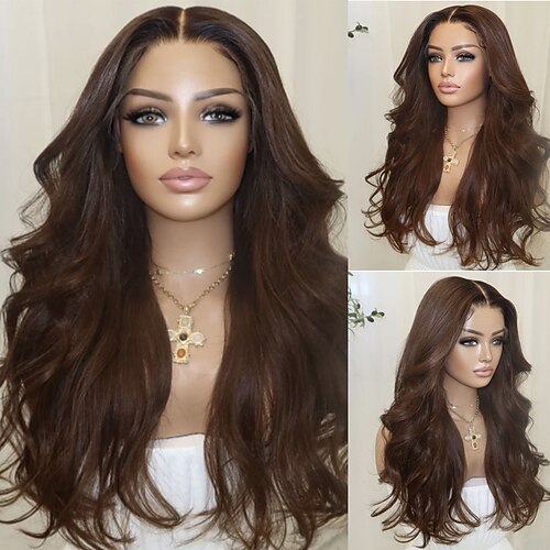 Echthaar 5x5 Verschluss 13x4 Spitzenfront Perücke Freier Scheitel Brasilianisches Haar Gewellt Braun Natürlich Perücke 150% 180% Haardichte mit Babyhaaren Natürlicher Haaransatz 100% Unbehandelt Image