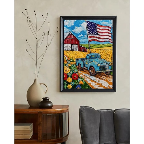 Handgemaltes Ölgemälde auf Leinwand, Wanddekoration, amerikanische Agrarlandschaft mit Sternen und Streifen, gerollt, rahmenlos, ungespannt Image