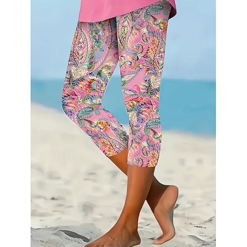Damen Chinos Leggings Urlaub Vintage Streetwear Capris Hohe Taille Blumen Grafik Paisley-Muster Drucken Komfort Weich Bequem Dehnbar Täglich Outdoor Urlaub Rosa Sommer Frühling Herbst Normale Passform Image