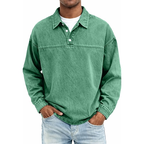 Herren Jeanshemd Baumwoll-Poloshirt Lässig Urlaub Klassisch Langarm Mode Basic Einfarbig Einfach Vintage-Stil Gewaschen Frühling Winter Frühling Herbst Normale Passform Schwarz Hellgrün Rosa Image
