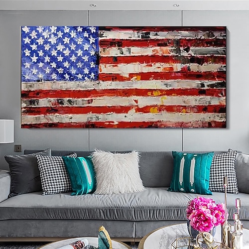 Handgemaltes Ölgemälde auf Leinwand, Wanddekoration mit Sternen, Streifen und amerikanischer Flagge, für die Heimdekoration, auf Keilrahmen gespannt / gerollt, rahmenlos, ungespannt Image