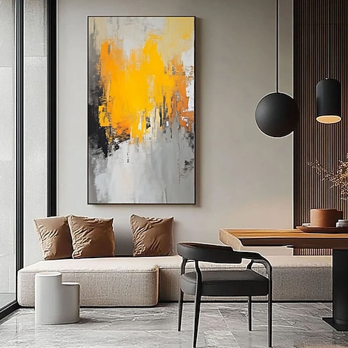 Ölgemälde, handgemalt, modernes abstraktes Leinwandbild, schwarz-gelbes abstraktes Acrylgemälde, grau-weißes Gemälde, extra großes Wandbild, Wohnzimmerwandkunst Image