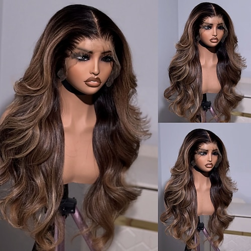 Echthaar 5x5 Verschluss 13x4 Spitzenfront Perücke Mittelscheitel Brasilianisches Haar Gewellt Blond Braun Mehrfarbig Perücke 150% 180% Haardichte mit Babyhaaren Ombre-Haar Hervorgehobenes Image