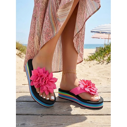 Damen-Flip-Flops mit Regenbogen-Plateau und großer rosa Blume, farbenfrohe Strandsandalen für den Urlaub, Teenager und junge Erwachsene, lässiger Sommerstil Image