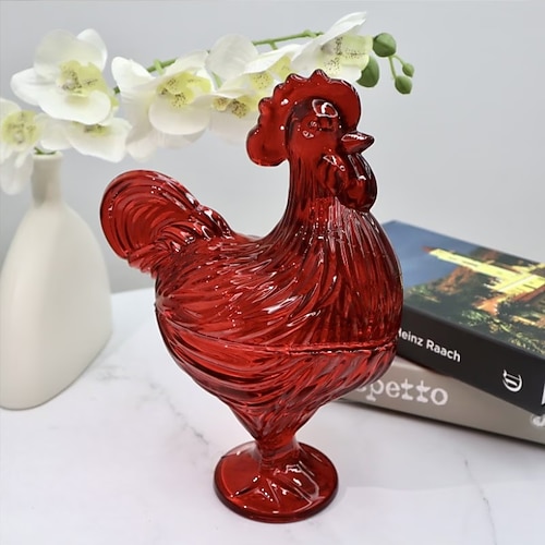 Handgefertigtes, farbenfrohes Bonbonglas in Hühnerform aus Kristallglas, kunstvolles Bonbonglas mit Deckel, wiederverwendbarer Dessertteller/Snackschale für den Restauranttisch, geeignet für Image