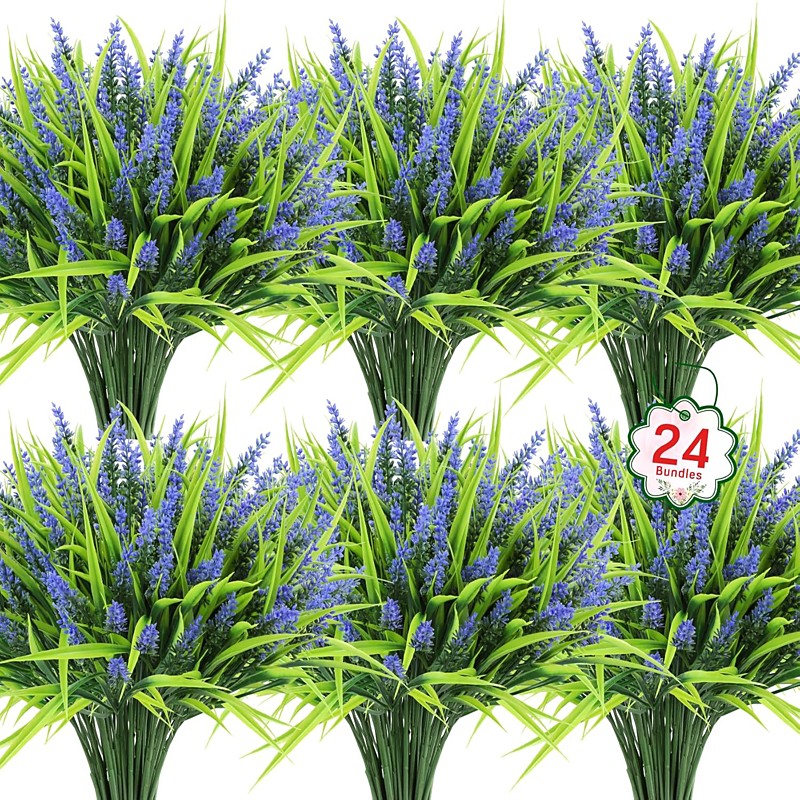 24 Bundles Artificial Flowers for Outdoors, Fake Lavender Flowers Monkey Grass Faux Plastic Plants Shrubs UV Resistant for Porch Garden Window Box Office Home Decorations