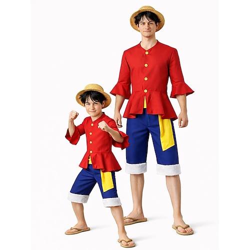 Ozeanabenteurer Strohhutpirat Anime Hose Hut Outfits Cosplay-Anzüge Halloween Karneval Leistung Oberteil Hose Gürtel Für Jungen Kinder Erwachsene Image