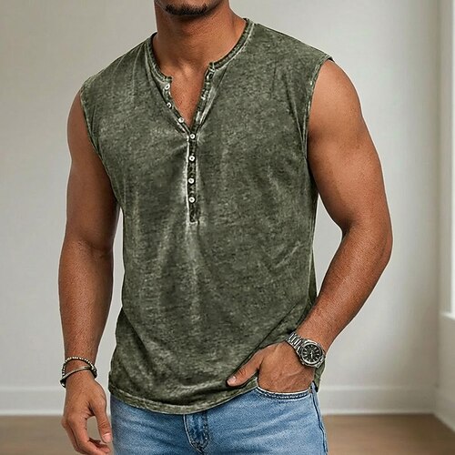 Herren Tank Top Henley Hemd Ärmellos Henley Sommer Frühling Druck Vintage Lässig Knöpfe Lässig Urlaub Schwarz Weiß Gelb Top T-Shirt für Herren Image