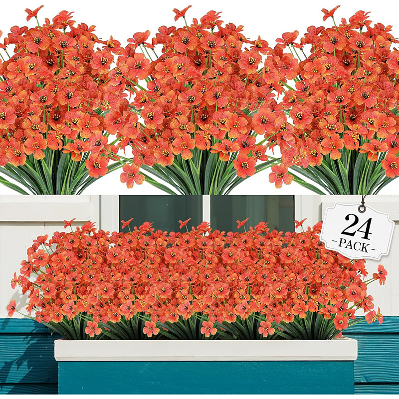 24 Bundles Artificial Flowers for Outdoor,No Fade Fake Plastic Flowers Faux Plants for Decoration Hanging Planters Indoor Outside Garden Porch Window Box Home Wedding Farmhouse