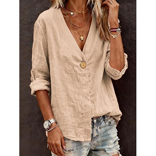 Damen Bluse Baumwollhemd 100% Baumwolle Knöpfe Einfarbig Basic Lässig Langarm V Ausschnitt Normale Oberteile Täglich Blau Rosa Kamel Purpur Grün Frühling Herbst Image