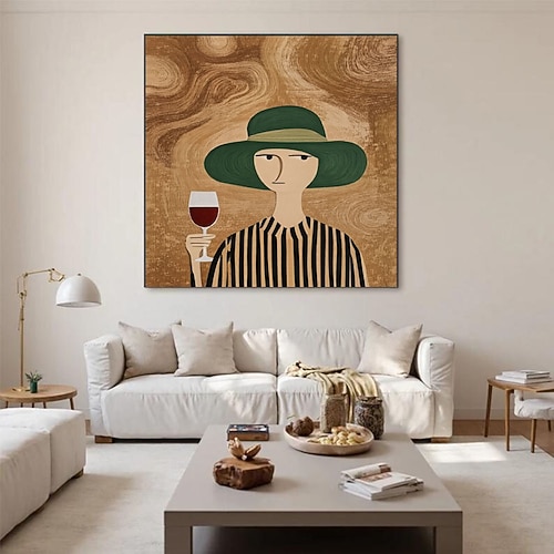 Handgemaltes, minimalistisches, abstraktes Ölgemälde einer eleganten Dame mit grünem Hut und Wein – moderne, neutrale Wandkunst, elegante Boho-Wohndekoration Image