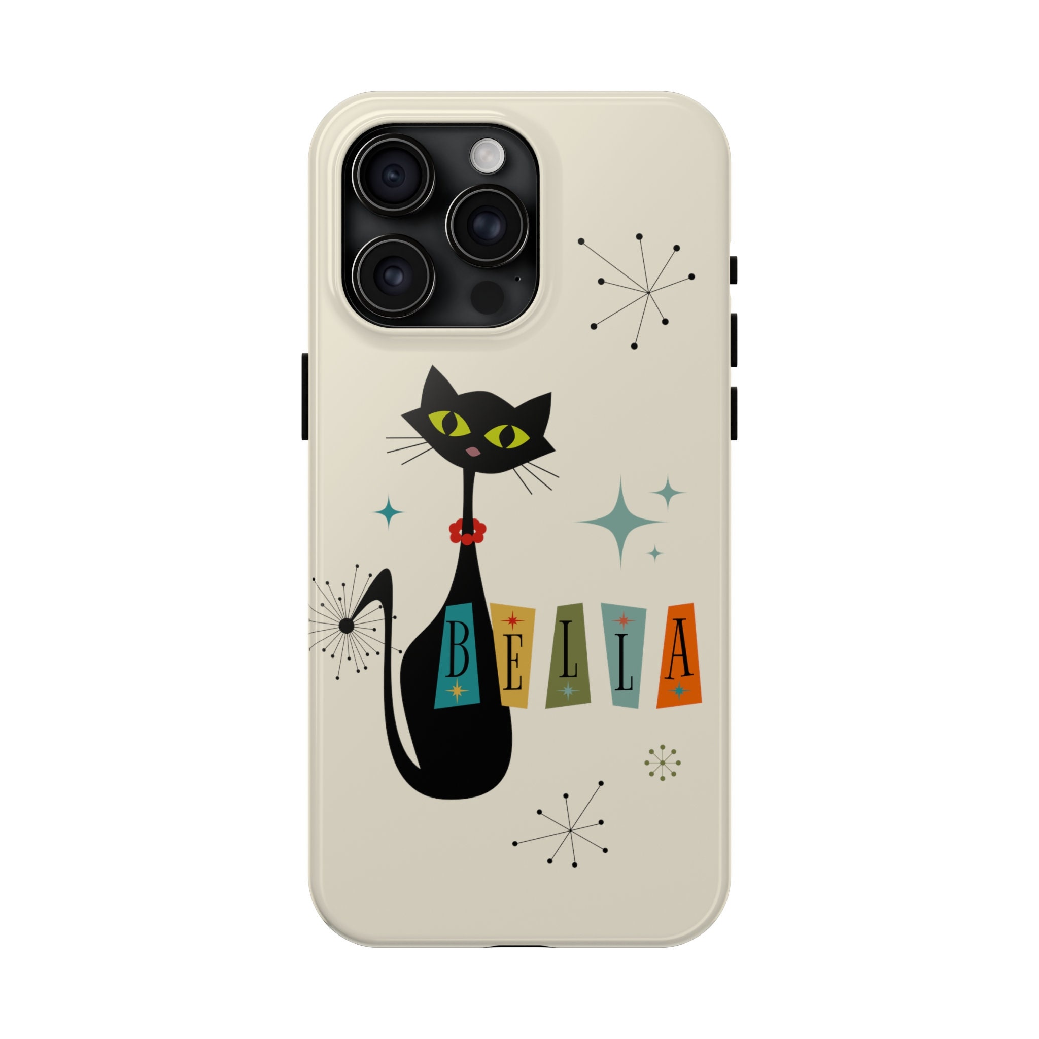 Custodie per telefono con nome personalizzato, custodia per iPhone personalizzata con gatto nero, custodia per iPhone Samsung Retro Atomic Cat Vintage