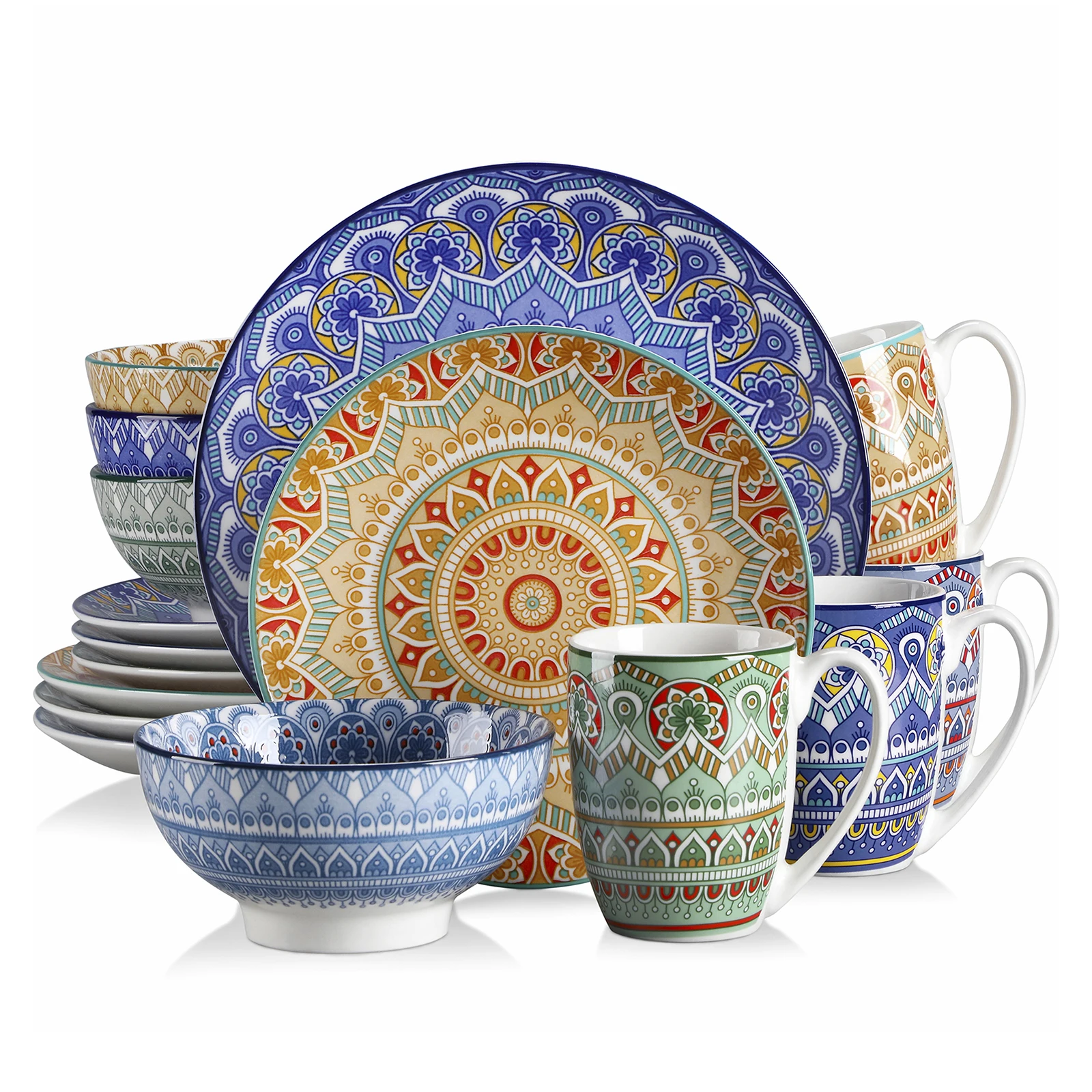 Vancasso 16/32 pezzi piatto ceramico set di stoviglie in porcellana con motivo mandala bohémien con piatto piano, piatto da dessert, ciotola, tazza