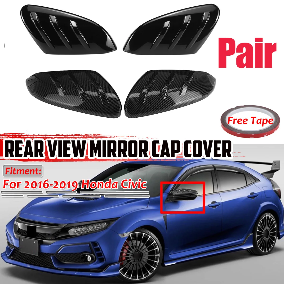 Coppia Auto Copertura Dello Specchio Retrovisore Nero Lucido/Fibra di Carbonio Porta Laterale Copertura Dello Specchio Per Honda Civic 10th 2016 2017 2018 2019 2020