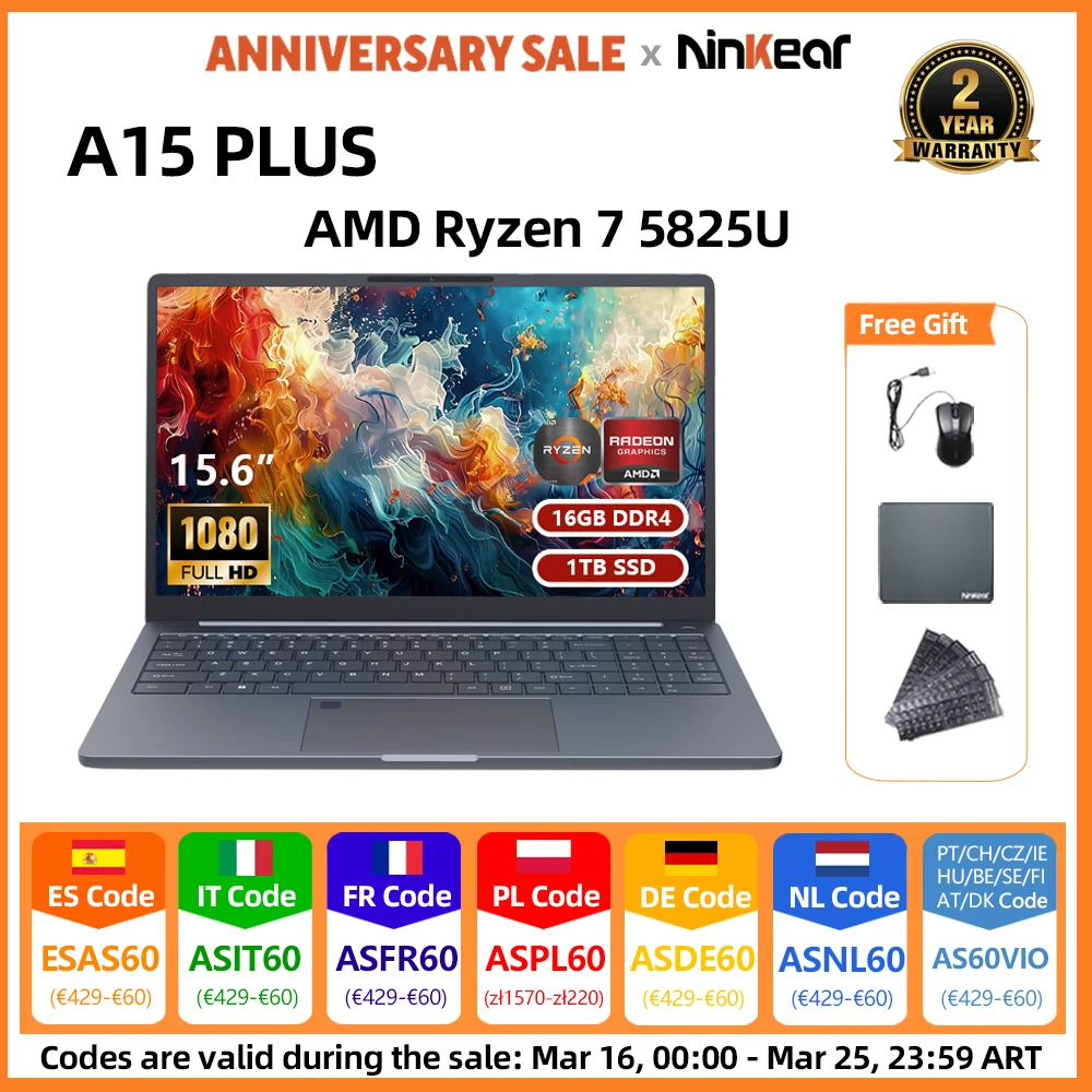 Ninkear A15 PLUS Laptop 15,6 Zoll IPS FHD AMD Ryzen 7 5825U Notebook 16GB DDR4 + 1TB SSD WIFI 6 Windows 11 PRO Bürocomputer Image