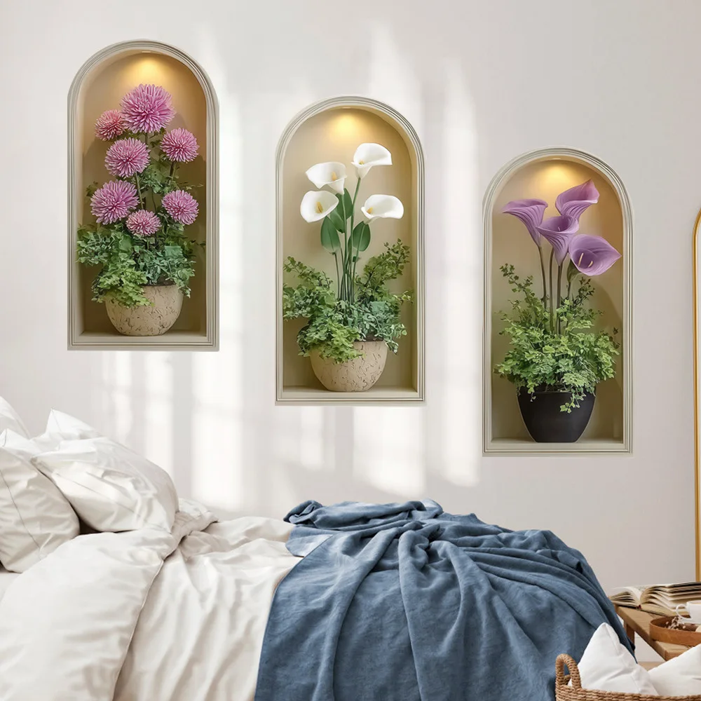 3D-Aquarell-Pflanzen-Wandaufkleber – realistische Topfpflanzen-Dekoration, selbstklebende Weinblätter für Wohnzimmer, Schlafzimmer, Wanddekoration Image