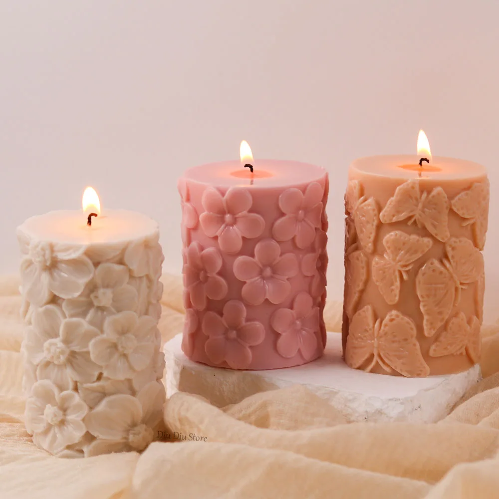 Blume Schmetterling Säulenförmige Silikon Kerze Form DIY Wellen Seife Harz Gips, Der Werkzeug Geometrie Schokolade Form Wohnkultur Geschenk Image