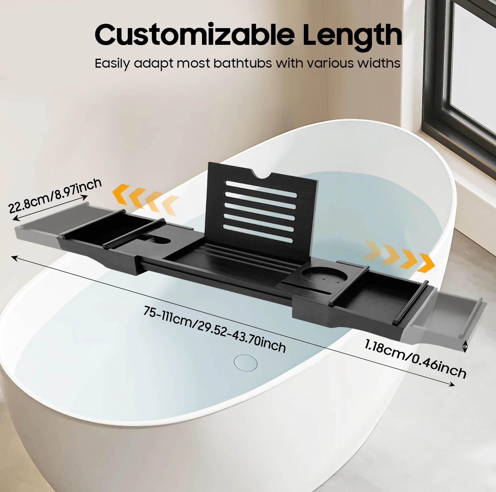 Schwarzes Badewannen-Aufbewahrungsregal, Badetablett, Regal, Wanne, einziehbar, Tragfähigkeit: 5–10 kg, für Badezimmer-Badewanne