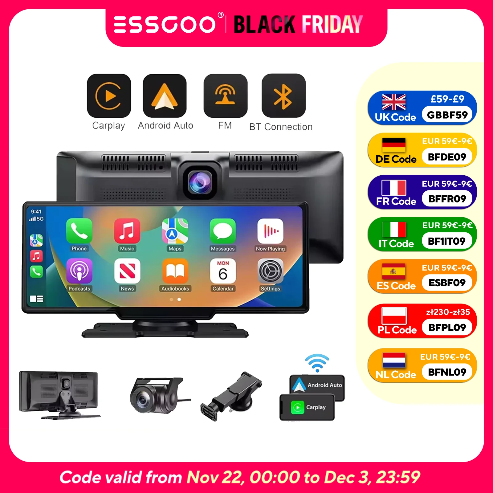 4K 10,26" Touchscreen Auto-Dashcam Kabelloses Apple CarPlay Android Auto Dual-Lens Videorecorder Dual Dash Cam DVR Für ISO Android Image