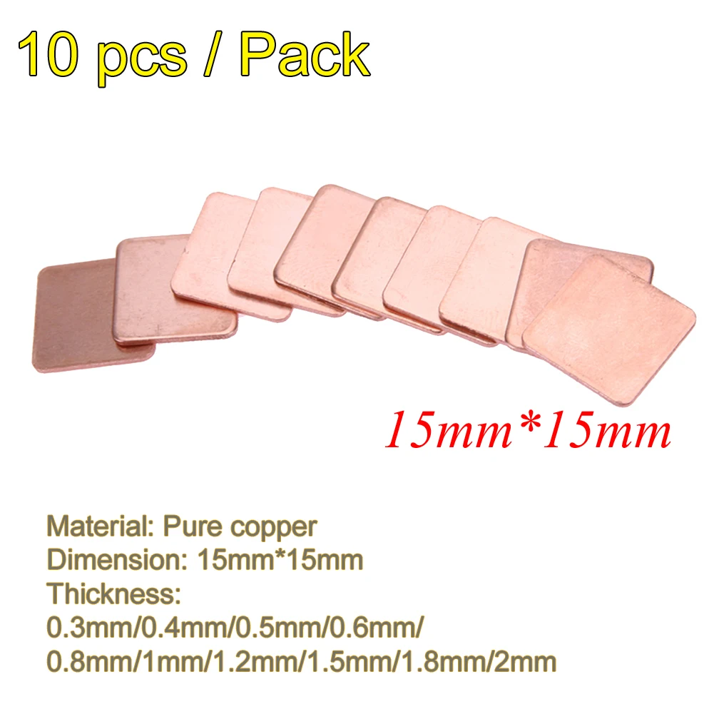 10Pcs 15*15mm 0.3/0.4/0.5/0.8/1.2/1.5/1.8/2 dicke Kühlkörper Kupfer Shim Thermische Pads Kühlkörper für Laptop IC Chipset GPU CPU Image