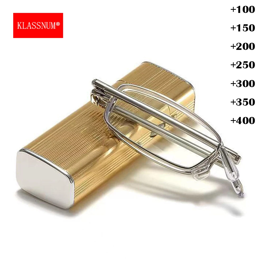 KLASSNUM Faltbare Tragbare Mini Lesebrille Männer Luxus Aluminium Box Plus Lesebrille Vergrößerungs Objektiv + 1,0 + 1,5 + 2,0 2,5 3,0 Image