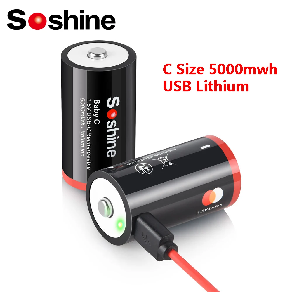 Soshine 1,5 V Lithium-Batterie der Größe C, wiederaufladbare USB-Batterien mit 5000 MWh, USB-Li-Ionen-Akku für Notbeleuchtung, elektronisches Klavier Image