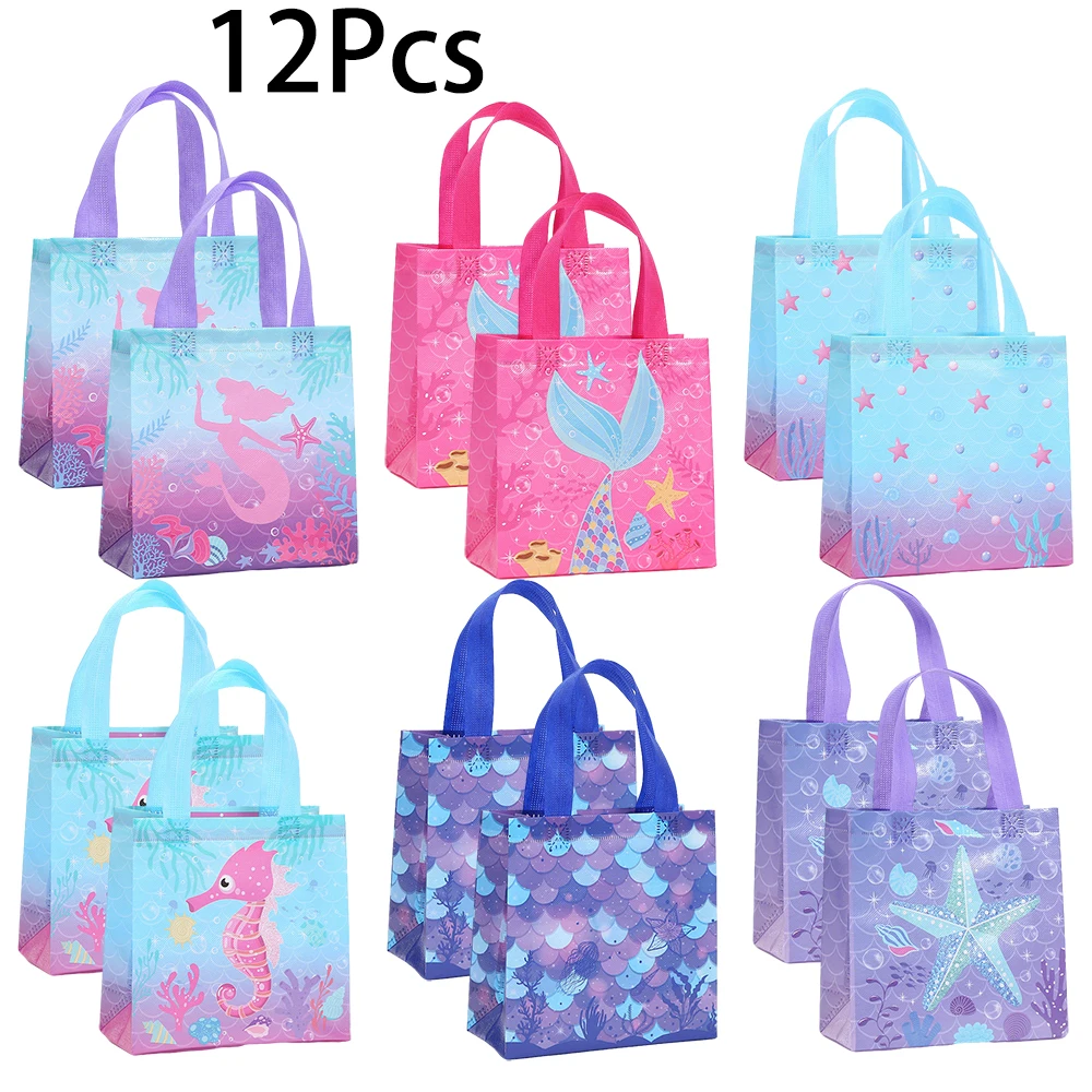 12 Stück Unter Dem Meer Thema Vlies Geschenke Verpackung Taschen Ozean Meerjungfrau Einkaufstasche für Kinder Mädchen Geburtstag Baby Shower Party Dekor Image