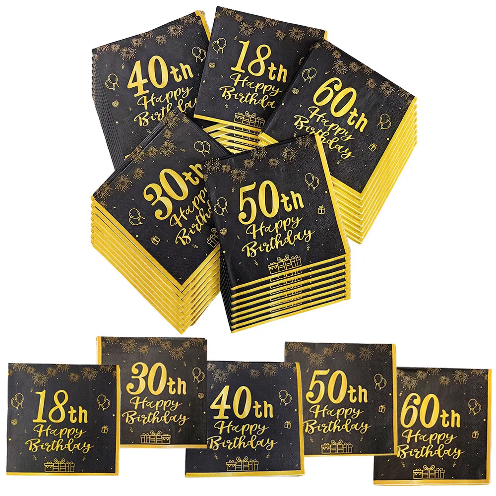 20/40/80/100 Stück 18. 30. 40. 50. 60. Geburtstag Party Dekoration Zubehör Schwarz Goldene Einweg-Party-Servietten Image