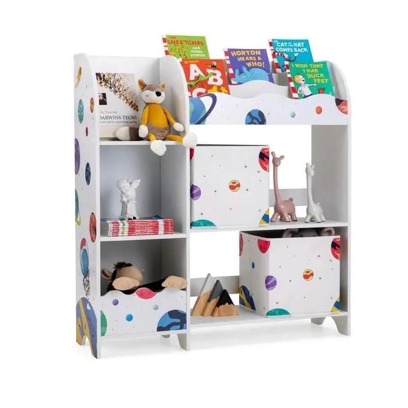 3-stufiges Kinder regal, freistehendes Kinderzimmer regal mit 5 Fächern und 2 Aufbewahrung boxen, 93x30x102 cm (Asteroiden)