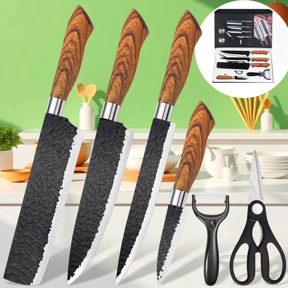 ZENG 6-teiliges Utility-Küchenmesser-Set für gehämmerte japanische Küchenmesser, Schere, Hartstahl, scharfes Schneiden, Kochmesser, Kochwerkzeug Image