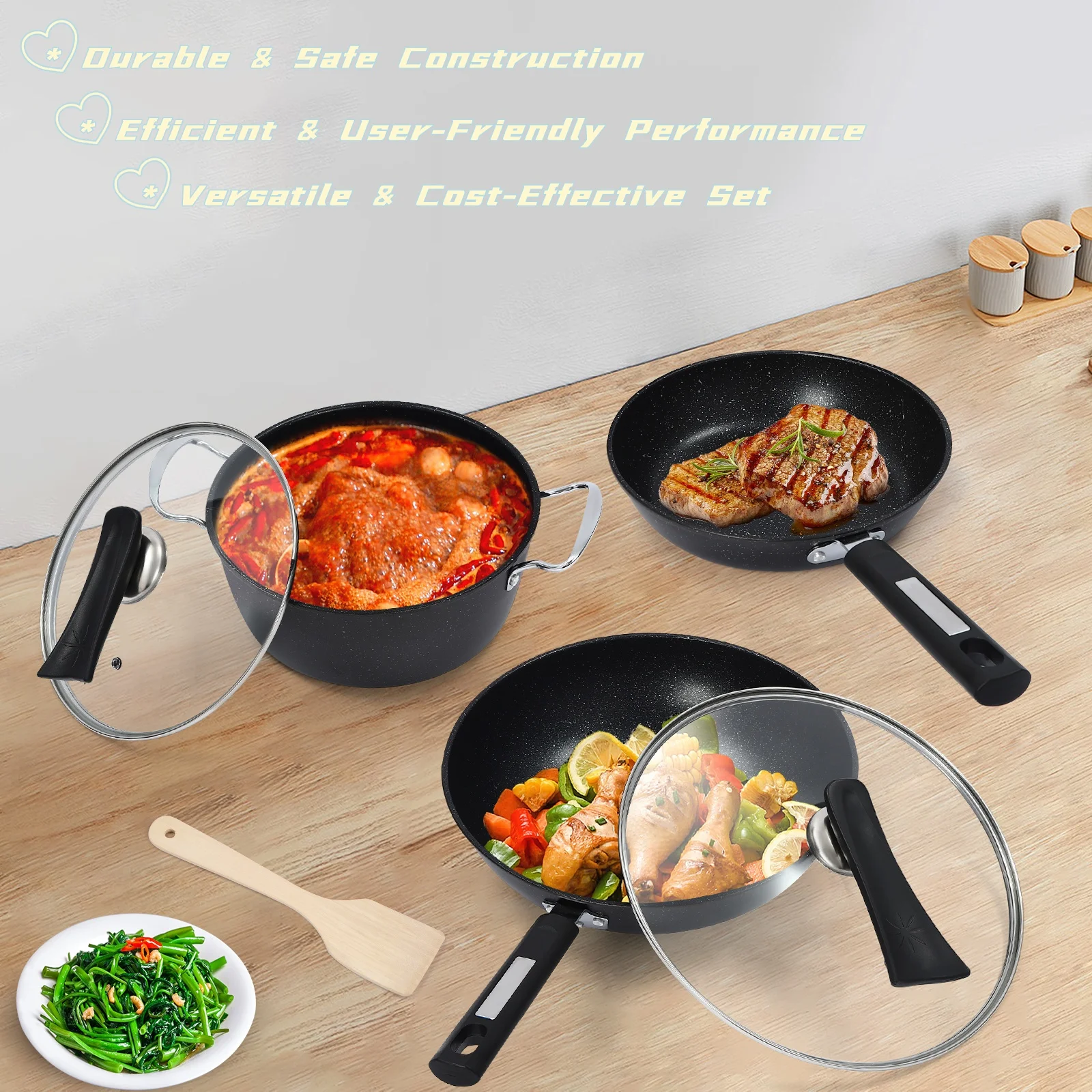 Bratpfannen-Set, Bratpfannen-Set mit Antihaftbeschichtung und Deckel (Wok mit Deckel, Bratpfanne, Topf mit Deckel), für Gas-/Induktionsöfen Image