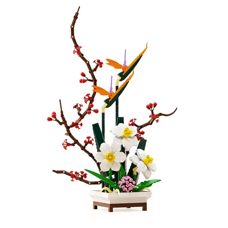 MOC Flower World Topfblöcke Botanische Sammlung Pflanzendekoration Modell Narzisse Pflaumenblüte Bausteine Spielzeug Kind Geschenk Image