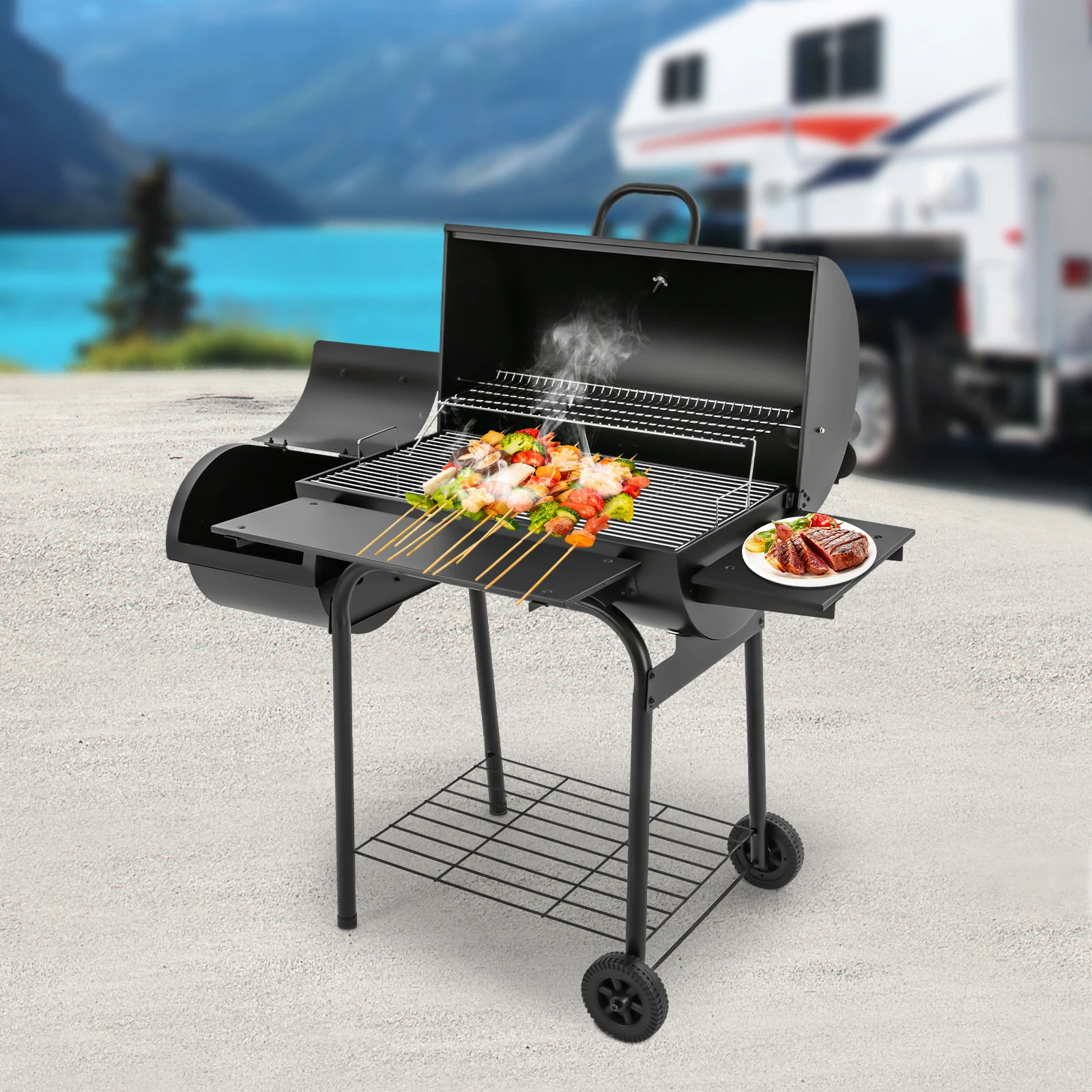 Freistehender Holzkohlegrill aus legiertem Stahl für den Außenbereich mit Thermometer und Grillnetzen für Picknicks, Grillen, Camping Image