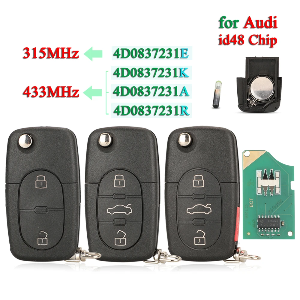 Jingyuqin 315mhz/433mhz flip fernbedienung schlüssel 4 d0 e/k/a/r id48 chip für audi a3 a4 a6 a8 tt rs4 quattro alte modelle 2/3/4btn Image